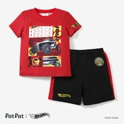 2pcs Kid Boys Racecar Color Block Print T-shirt with Knit Shorts Sporty Set Sizes 2-6